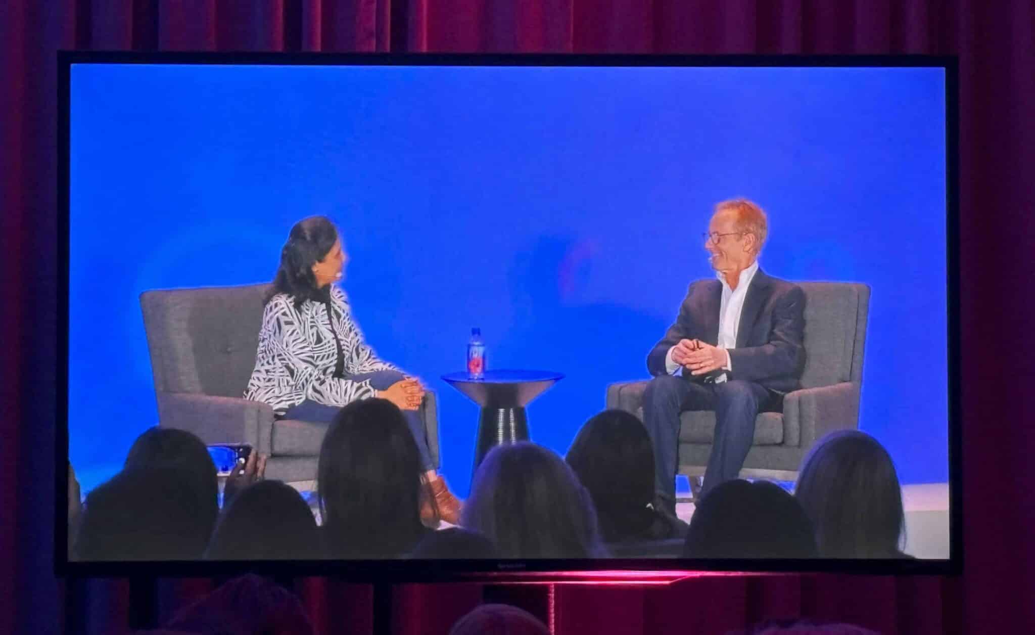 Prerna Ajmera, general manager of HR digital strategy & innovation at Microsoft and Josh Bersin at Eightfold's Cultivate Talent Summit in May 2024.; Talent intelligence's rise: Experts highlight these themes