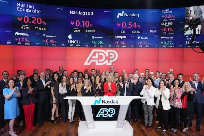 ADP staff celebrated the organization's 75th anniversary by ringing the Nasdaq Opening Bell June 10 in New York Credit: ADP